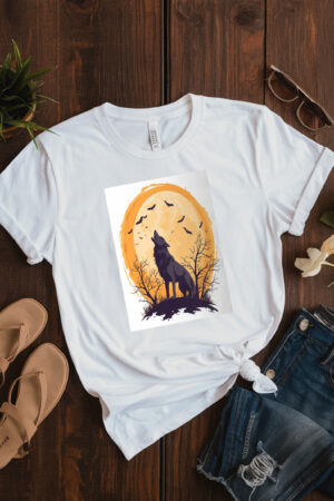 Fierce Wolf Howling At Moon In Halloween Scene 2 T-Shirt