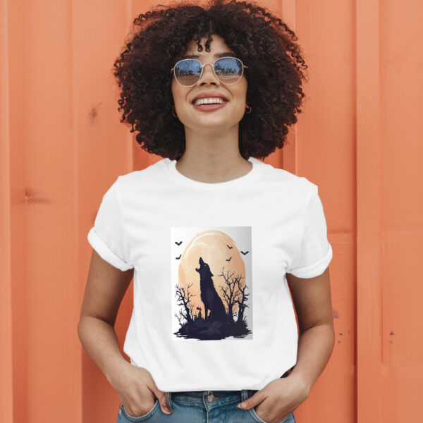 Fierce Wolf Howling At Moon In Halloween Scene T-Shirt - Image 11
