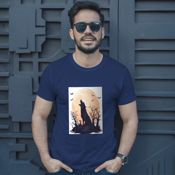 Fierce Wolf Howling At Moon In Halloween Scene T-Shirt - Image 4