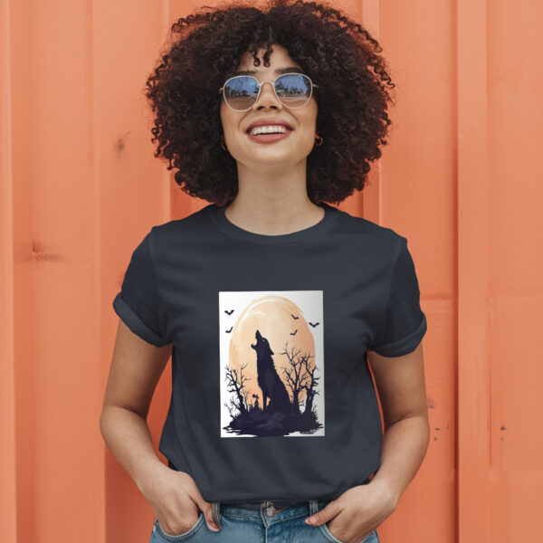 Fierce Wolf Howling At Moon In Halloween Scene T-Shirt - Image 3