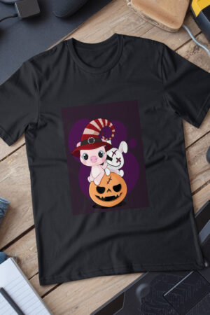 Flat  Animal Witch Pig Halloween Illustration For Kids Cute Pig Character T-Shirt